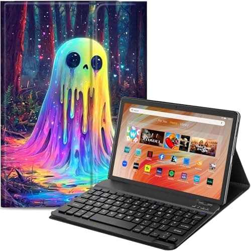 Qindaiwen Keyboard Case for Amazon Fire HD 10 Tablet (13th/11th Generation,2023/2021 Release) 10.1", PU Leather Stand Cover with Detachable Bluetooth Keyboard, Colorful Ghost