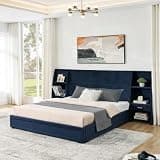 DEINPPA Queen Size Bed Frame with Oversized Headboard, Upholstered Platform Bed with Storage Drawers and Shelves for Bedroom Apartment-Dark Blue