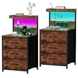 SZLHANJZ Nightstands Set of 2, LED Light and Charging Station, 3 Drawers
