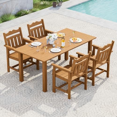 SANLUCE 5-Piece Outdoor Dining Set for 4, HIPS Rectangular Patio Table and 4 Chairs with Umbrella Hole, All-Weather Patio Dining Furniture Sets for Garden, Backyard, Lawn and Poolside, Teak