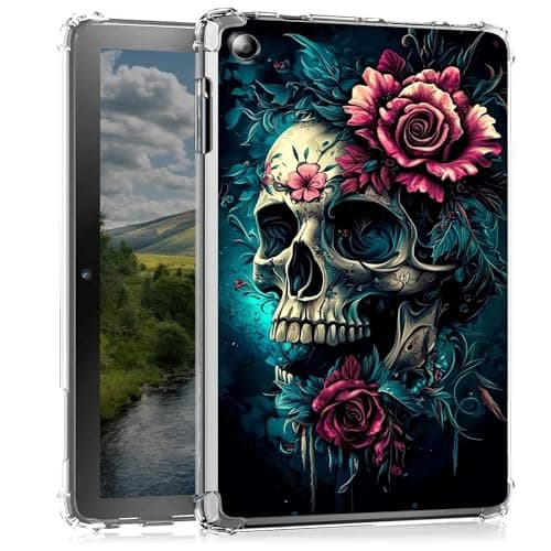 Clear Case for Kindle Fire HD 8 & 8 Plus Tablet (12th/10th Generation, 2024/2022/2020)- Slim Lightweight Transparent Shockproof Protective Cover for Fire HD 8 2024/2022,Skull with Flower