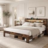 madeslves King Size Bed Frame with Storage Headboard and Charging Station, Vintage Brown Wood Platform Bed with RGB Led Lights, Rustic 2-Tier Shelf Head Board, No Box Spring Needed, Easy Assembly