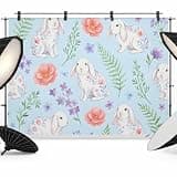 Rabbits Ferns Backdrop 8x6ft Purple Flowers Leaves Cottagecore Sky Blue Photography Backdrop Photoshoot Background Tapestry Banner for Birthday Baby Shower Decoration Party Video Photo Studio Props
