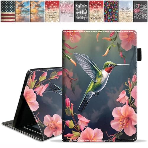 FQTBCEARI Designed Case for All-New Amazon Kindle Fire 7 Tablet (7", 12th Generation, 2022 Release), Slim PU Leather Cover with Card Slot & Auto Wake/Sleep, Hummingbird Flowers