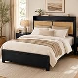 Garvee Rattan Bed Frame with Storage Drawer and LED Lights, Platform Bed with Charging Station, Headboard Shelf, Cane Panels, Wooden Slats, No Box Spring Needed