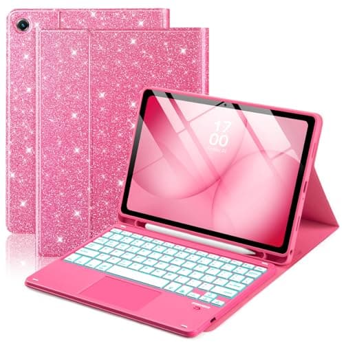 EAMPANG Glitter Case with Trackpad Keyboard for Samsung Galaxy Tab A11 Plus/A9 Plus 11 inch,Smart Touchpad 7 Color Backlit Removable Keypad Magnetic Case with Pen Slot for Tablet A11+/A9+ 5G Pink