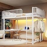 ZAVEROX Light White Queen Metal Loft Bed with L-Shape Desk, LED Light, Charging Station, PC Tray, Hanging Area, Round Pipe, Modern and Elegant