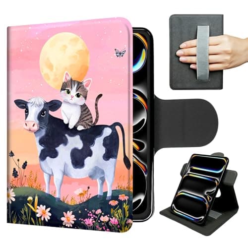 PU Leather Case for iPad Pro 12.9 Inch 6th/5th/4th Gen（2022/2021/2020 – Slim 360° Rotating Stand with Hand Strap, Auto Sleep/Wake, Magnetic Closure,Cute Cat, Cow and Pink Sky
