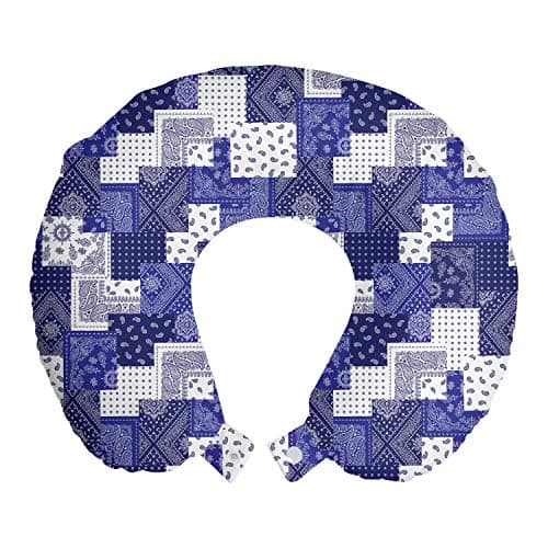 Lunarable Geometric Travel Pillow Neck Rest, Eastern Inspirations Canonical Paisley and Floral Composition Squares, Memory Foam Traveling Accessory for Airplane and Car, 12", Dark Blue Cobalt Blue