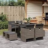 NKOPPFG 9 Piece Patio Dining Set with Gray Poly Rattan, Cushions, and Tempered Glass Table for Outdoor Garden