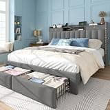 Queen Bed Frame with 2-Tier Storage Headboard and 4 Drawers, Soft Linen Upholstered Platform Bed Frame Queen Size, Built-in Charging Station, Solid Wood Slats,No Box Spring Needed,Noise-Free,Dark Grey