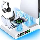 PS5/SLIM/PRO Cooling Station with Controller & Wireless Charger, PS 5 Vertical Cooling Stand for Disc & Digital Console, Dual PS5 Controller Charging Station for DualSense & Edge