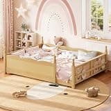 JIJIWANG Queen Floor Bed with Full-Length Guardrails & Built-in Bookshelf, Montessori Platform Bed with Wood Slats, Wood Low Profile Bed Frame for Kids, Boys & Girls, Natural