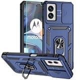 for Moto G Power 5G 2024 Case, Silicone Rubber Bumper Hard Plastic Phone Case with [Sliding Camera Lens Cover] [360° Rotatable Kickstand Ring] [HD Screen Protector] for Motorola G Power 2024 Blue