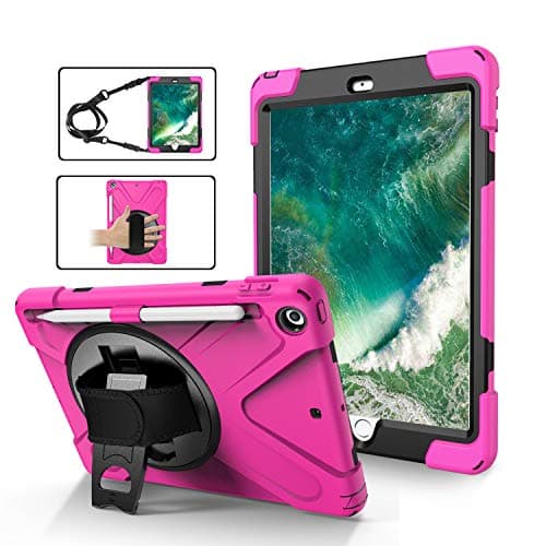 TSQ Case for 6th 5th Generation 9.7 Inch for Kids 2018/2017 | Heavy Duty Drop Protection PC Case with Rotating Kickstand/Hand Strap+Shoulder Strap+Pen Holder | Rose Red
