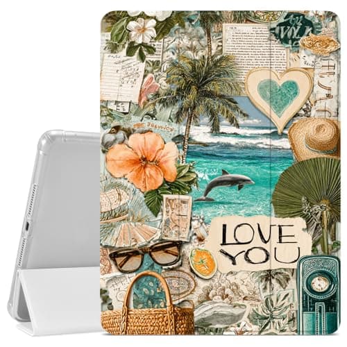 VibrantFruitique Retro Collage Case for iPad 9th/8th/7th Generation 10.2" (2021/2020/2019 Release),Ocean Sea Vibe Protective Case,Pencil Holder & Clear Soft TPU Back & Trifold Stand Cover for Women