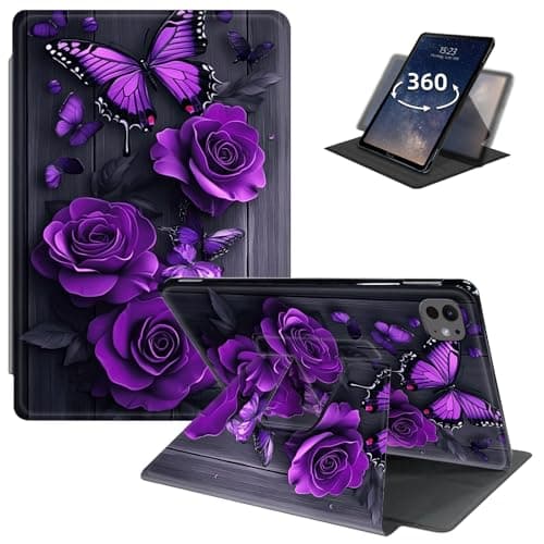LYHXLYJH Case for iPad Pro 13-inch (M4) 2024 (7th Generation),360 Degree Rotating Smart Cover Case with Auto Sleep/Wake-Purple Rose Butterfly