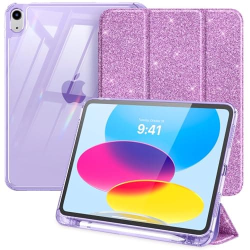 MoKo for iPad (A16) 11th Generation Case 11-inch 2025, iPad 10th Generation Case 2022 with Left Pencil Holder, Slim Trifold iPad11 inch Cover with Crystal Clear TPU Back Shell, Glitter Lilac