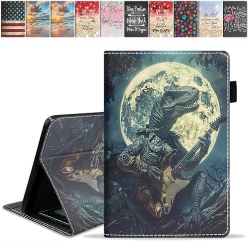 FQTBCEARI Designed Case for All-New Amazon Kindle Fire 7 Tablet (7", 12th Generation, 2022 Release), Slim PU Leather Cover with Card Slot & Auto Wake/Sleep, Dinosaur Playing Guitar Under The Moon