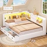 Full Corner Bed Frame with Storage Bookcase and 6 Drawers, Upholstered Daybed Full Size with Charging Station & LED Lights, L-Shape Full Size Bed Frames Metal Platform Bed for Kids Teenagers, White