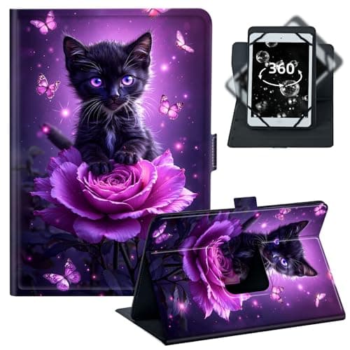BREIDMKFM Tablet Case for Fire 7 (2022/2021/2020) - Universal 6-7 Inch 360° Rotating Stand with 4 Corner Elastic Bands,Fit for Kindle Fire 7/iPad mini 5/Lenovo Tab M7,﻿Cute Cat Purple Flower
