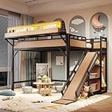 Bellemave Full Size Loft Bed with Ladder and Storage Shelves and Slide,Wardrobe and Pegboard, Metal Loft Bed Frame with USB Ports and LED Lights for Adults, Kids, Teens,Black