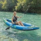 Single Person Drop Stitch Inflatable Kayak, 450 LBS Capacity Portable Blow Up Solo Kayak for Adult Fishing & Touring, Complete Set with Adjustable Paddle, Detachable Seat, Dual-Action Pump