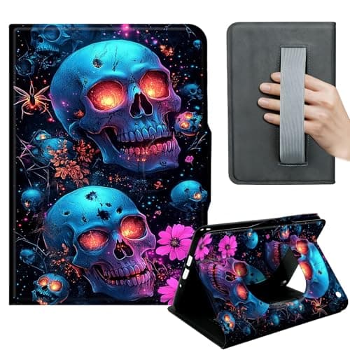 HGGJFLYX Case for Kindle Fire Max 11 2023,360 Degree Rotating Multi-Angle Viewing Stand,Hand Strap,PU Leather Tablet Cover for Kindle Fire Max 11 2023,Auto Sleep/Wake,Neon Skulls Floral