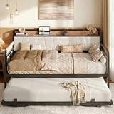 LIKIMIO Twin Daybed, Day Bed with Trundle, Storage Upholstered Headboard and Charging Station, Trundle Bed with Strong Supports for Living Room, Bedroom, and Guest Room, Wood and Beige
