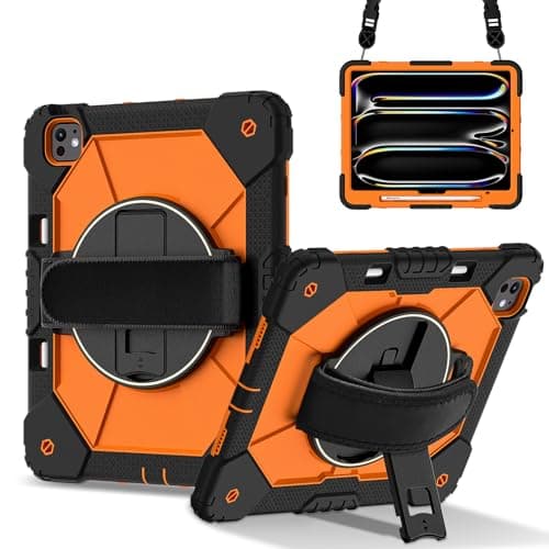 DXVTRKJM Case for iPad Air 13 inch M4/M3/M2 (2026/2025/2024,Model A3268/A3269/A3271),360° Rotating Stand Hand/Shoulder Strap &Shockproof Silicone and Hard PC. (Black+Orange)