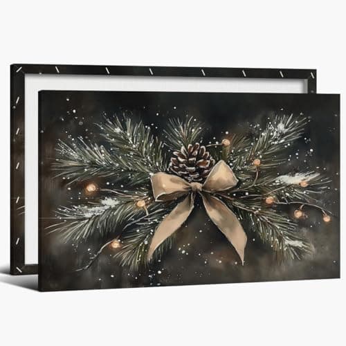 Vintage Pine Garland with Bow Wall Art – Pinecone & String Lights Christmas Picture Prints, Rustic Winter Greenery Poster, Farmhouse Holiday Mantel Decor 8x12in Framed