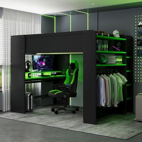 QVUUOU Full Size Wood Bunk Bed with Height-Adjustable Desk, Wardrobe, and RGB Light, Green - Gamer-Inspired Loft with Built-in Gaming Station and USB Charging