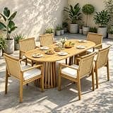Christopher Knight Home Kora Acacia Wood Dining Table Set for 6, Outdoor Dining Set for 6, Rustic Oval Patio Dining Table and Chairs Set with PE Wicker Backrest & Soft Cushions, Teak+Natural+Beige