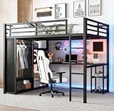 Bellemave Twin XL Size Loft Bed with Desk, Wardrobe, Metal Twin XL Loft Bed Frame, Black and Dark Wood Grain