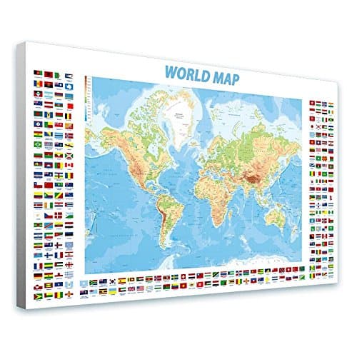 Alonline Art - Physical Modern Flags World Map Framed Stretched Canvas (100% Cotton) Gallery Wrapped - Ready to Hang | 42"x27" - 106x69cm | Oil Paintings Prints Giclee Framed Wall Decor for Bedroom