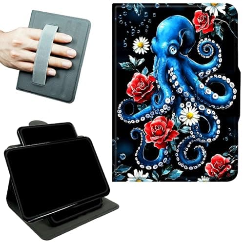 RWUTYTIUL Rotating Handle Case for Samsung Galaxy Tab A7 Lite 2021 8.7", 360 Degree Swivel Kickstand with Magnetic Closure Shockproof Leather Protective Cover for Women Men, Rose Octopus