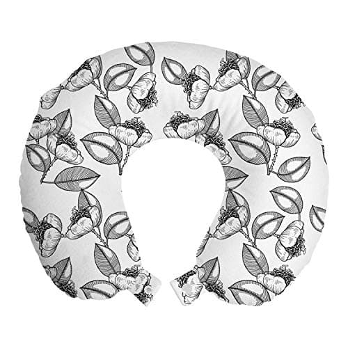 Ambesonne Floral Travel Pillow Neck Rest, Uncolored Summer Flowers with Stems Peduncle and Leaves Graphic, Memory Foam Traveling Accessory for Airplane and Car, 12", Charcoal Grey White