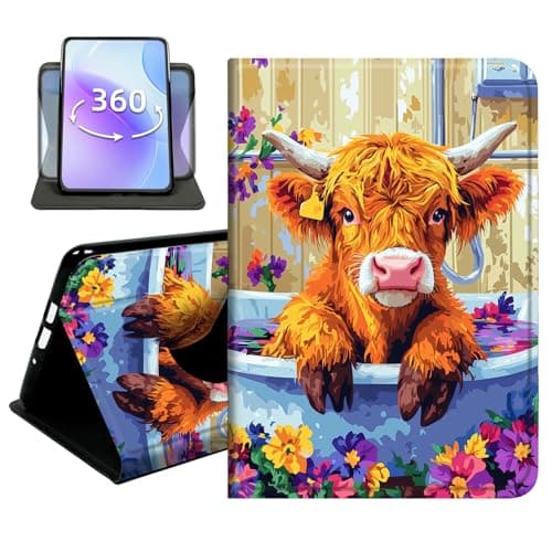 JANENFNA Slim Folio Case Compatible with iPad mini 5/4 7.9", 5th/4th Generation, PU Leather 360 Rotating Stand Cover, Auto Sleep/Wake, TPU Bumper, Cute Highland Cow in Tub