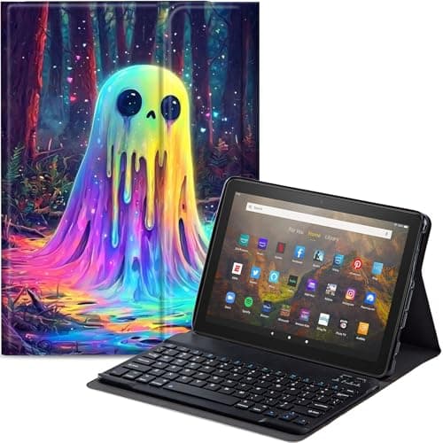 Qindaiwen Keyboard Case for All-New Amazon Fire HD 8/8 Plus (12th Generation/10th Generation, 2024/2022/2020 Release), PU Leather Stand Cover with Detachable Bluetooth Keyboard, Colorful Ghost