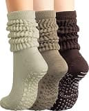 BomKinta Pilates Socks with Grips for Women Yoga Grippy Slouch Scrunch Sock Slipper Socks for Barre Workout Hospital Gifts Size 5-11 3 Pairs Beige Coffee Brown