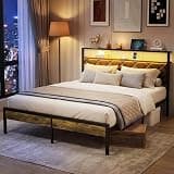 Loftiage Queen Size Bed Frame with Charging Station & LED Light, Queen Bed Frame with Storage Headboard and Footboard, Noise Free & Easy Assembly, Upholstered Headboard, No Box Spring Needed