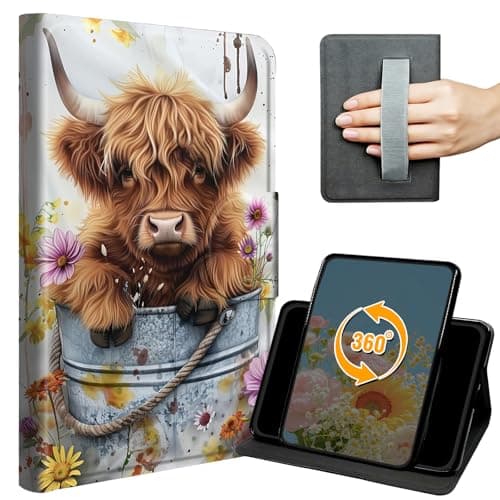 Case for iPad Air 11-inch M4/M3/M2 (2026/2025/2024) & iPad Air 5th/4th Generation (2022/2020) 10.9 Inch Slim PU Leather 360° Rotating Stand Cover with Hand Strap Auto Wake/Sleep, Cute Highland Cow