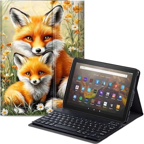 Qindaiwen Keyboard Case for All-New Amazon Fire HD 8/8 Plus (12th Generation/10th Generation, 2024/2022/2020 Release), PU Leather Stand Cover with Detachable Bluetooth Keyboard, Two Cute Foxes