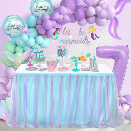 QueenDream Pastel Rainbow Blue Table Skirt Ruffle Mermaid Party Tablecloth for Rectangle Table Tables or Round Tables 6ft Birthday Party Baby Shower Decorations
