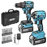 SEESII 21V Max Cordless Drill and Impact Driver, Power Tool Combo Kit Included 3/8'' Drill & 1/4'' Impact Driver, 2x 4000mAh Battery, Fast Charger, 20 pcs Driver Bit Set & Bag