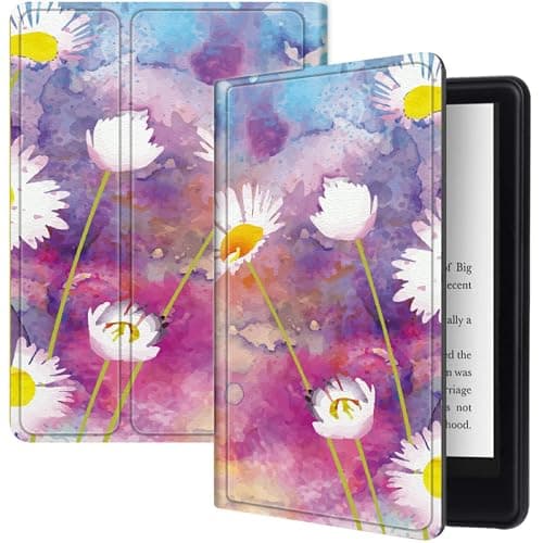 for All-New Kindle Paperwhite 12th Gen 2024 (7") & Kindle Colorsoft Signature Edition 7" Case with Watercolor Natural Daisies, Folding Multi-Viewing Angles Stand Cover with Auto Sleep & Wake