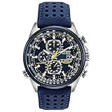 Citizen Men's Eco-Drive Sport Luxury World Chronograph Atomic Time Keeping Watch, Stainless Steel with Blue Leather Strap Coated in Polyurethane, Blue Dial (Model: AT8020-03L)