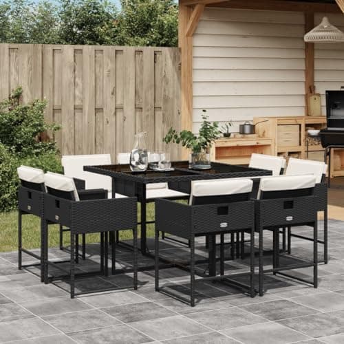 MINERWALL 9 Piece Patio Dining Set with Cushions Black Poly Rattan, Garden Furniture Sets