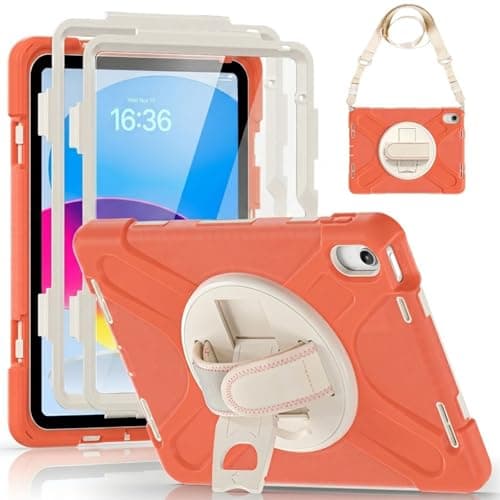 Shockproof Case for iPad A16 10th 2022 /11th 2025 Generation [2 Front Frames] Rugged Cover with 360° Rotatable One-Click Reset Stand & Velcro Hand Strap (Integrated Pencil Holder), Living Coral