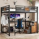 Firscook Queen Loft Bed with Desk, 2 Fabric Drawers and 2 Storage Shelves, Metal Heavy Duty Queen Size Loft Bed for Adults, Teens, No Box Spring Needed, Black